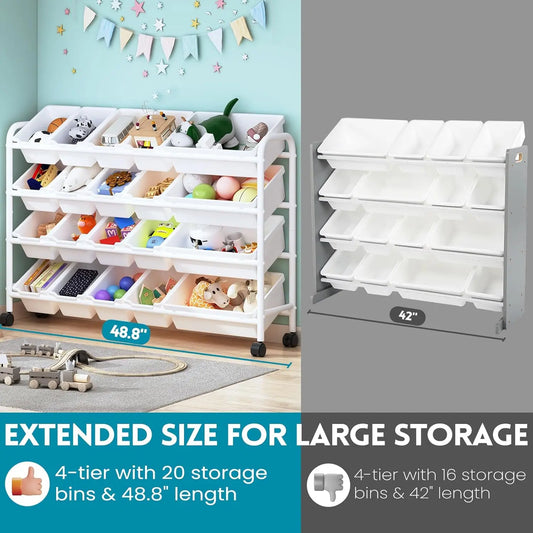 Kids Toy Storage Organizer with 20 Plastic Bins, 4-Tier Metal Toy Storage Rack, Extra Large Toy Organizer and Storage Bins for K