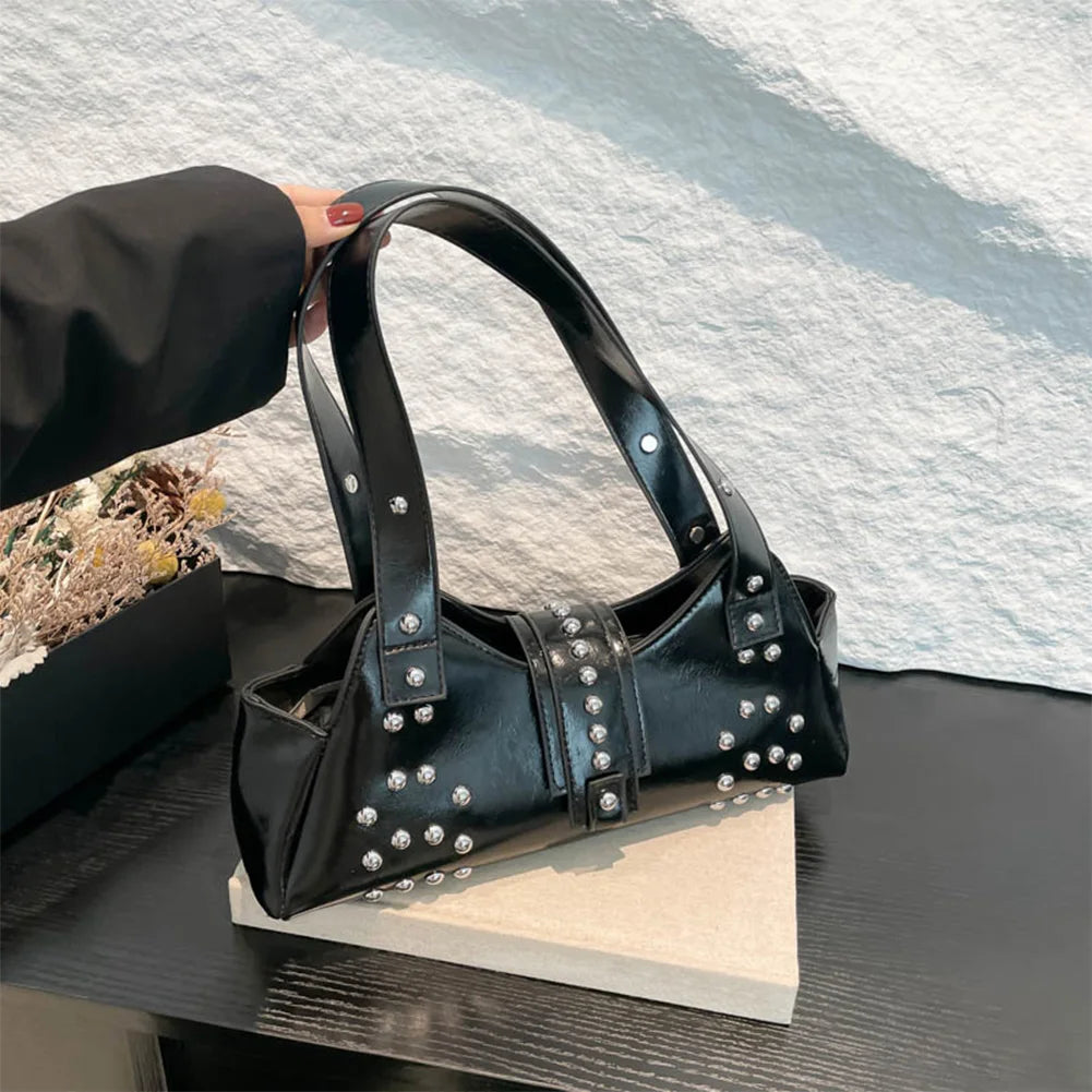 Shoulder Bag for Women Rivet Punk Underarm Bag PU Leather Studded Clutch Purse Trendy Hobo Purse for Work Travel Shopping