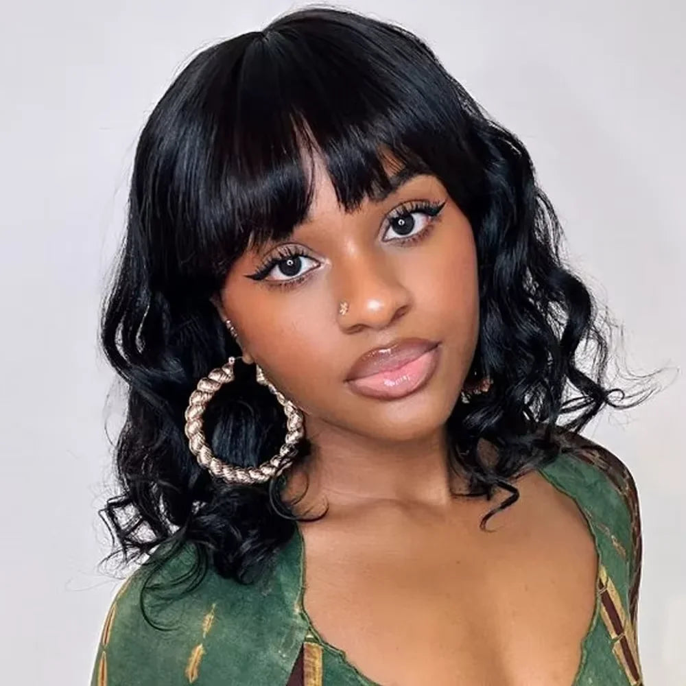 3x1 Middle Part Bob Wig for Black Women with Bangs 100% Remy Human Hair Body Wave Short Lace Frontal Fringe Realistic Scalp Wigs