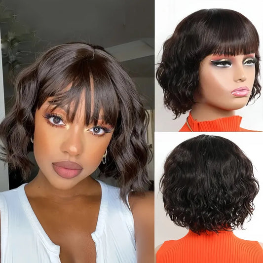 3x1 Middle Part Bob Wig for Black Women with Bangs 100% Remy Human Hair Body Wave Short Lace Frontal Fringe Realistic Scalp Wigs