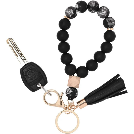 BAOSIWA Silicone Key Ring Bracelet Wristlet Keychain Unique Beaded Bangle Key Chains for Women with Leather Tassel