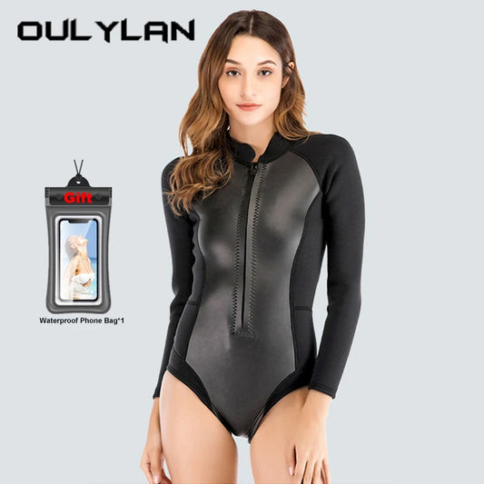 Oulylan Female Waterproof Surfing Wetsuit Long Sleeved Front Zipper Slim Swimsuit 1.5MM One-piece Snorkeling Divingsuit