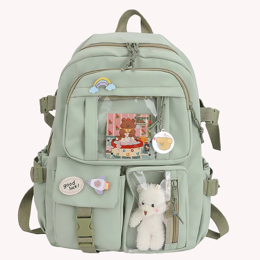 Sports Knapsack Fashion College Student Rucksack with Plush Pendant Pin Cute Kawaii Large Capacity Japanese Style for Teen Girls