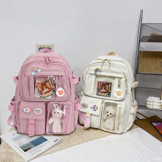 Sports Knapsack Fashion College Student Rucksack with Plush Pendant Pin Cute Kawaii Large Capacity Japanese Style for Teen Girls