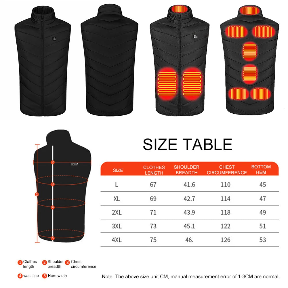 9 Heating Zones Electric Heated Jackets Winter Sportswear Heated Coat Outdoor Warm Vest for Men and Women Outdoor Skiing Hiking