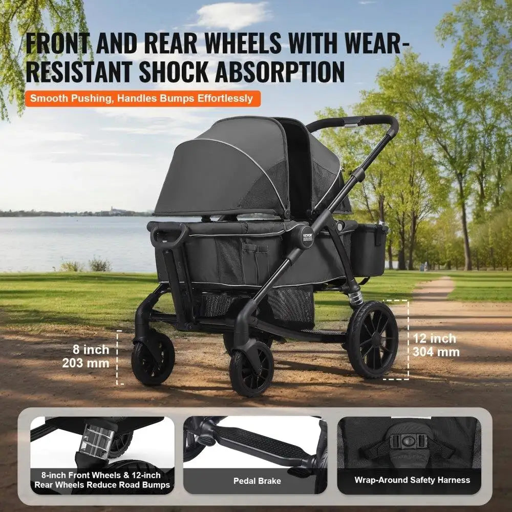 All-Terrain 2 Seat Foldable Expedition 2-in-1 Wagon Stroller with Canopy Parent Organizer Snack Tray Cup Holders 55lbs Black