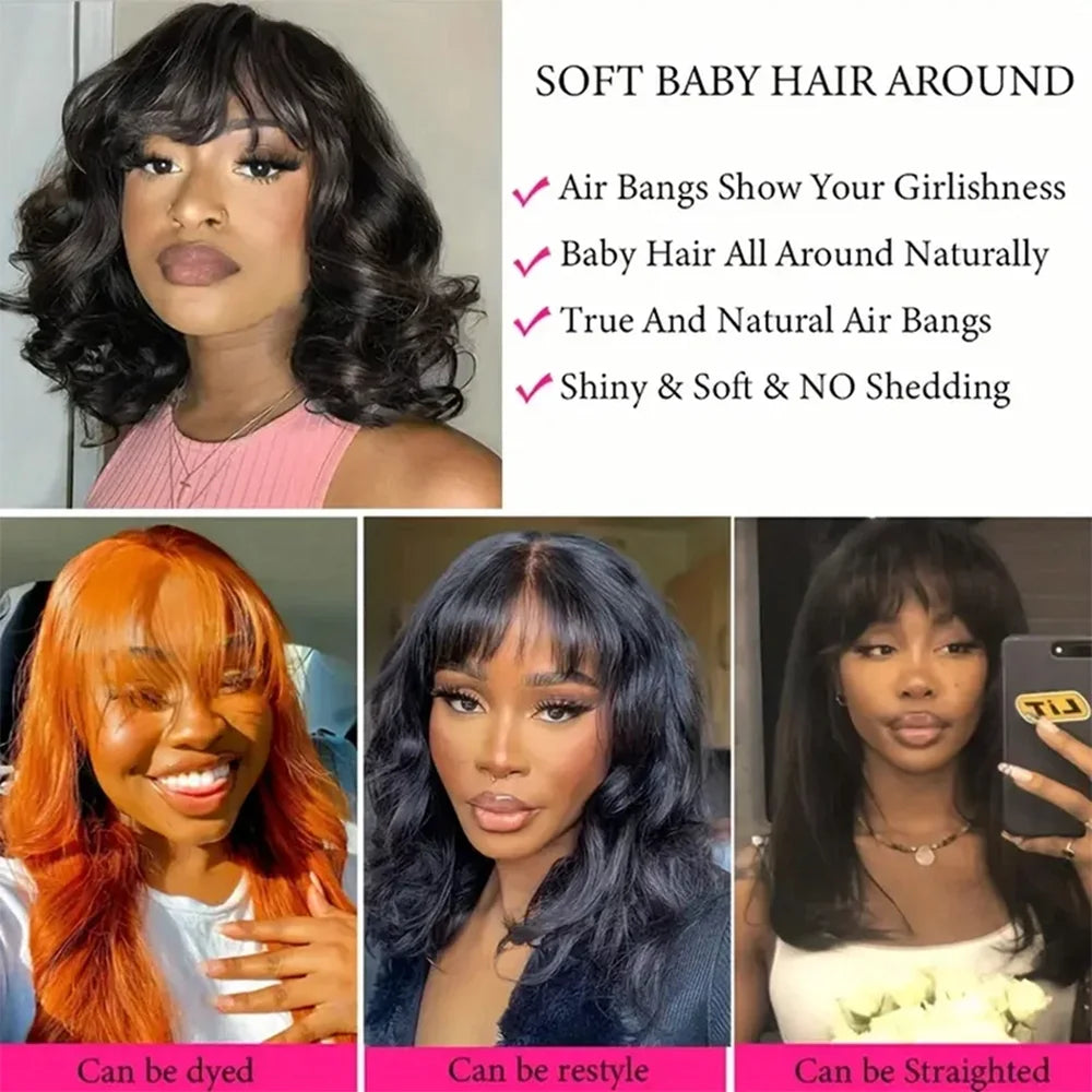 3x1 Middle Part Bob Wig for Black Women with Bangs 100% Remy Human Hair Body Wave Short Lace Frontal Fringe Realistic Scalp Wigs