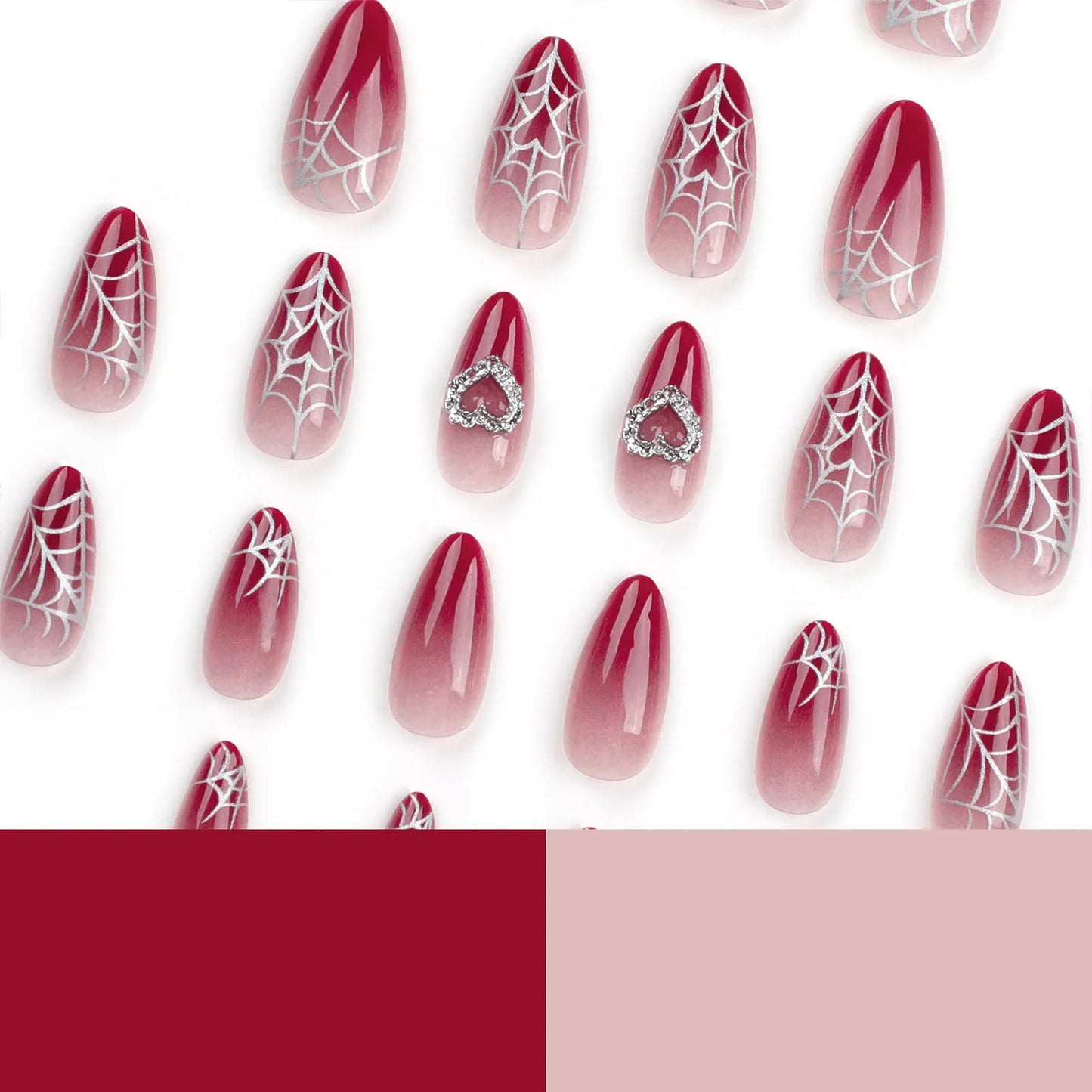 Almond Red Press-on Nail Silver Spiderweb Pattern Heart Decor Artificial Nail for Women and Girl Party Activity