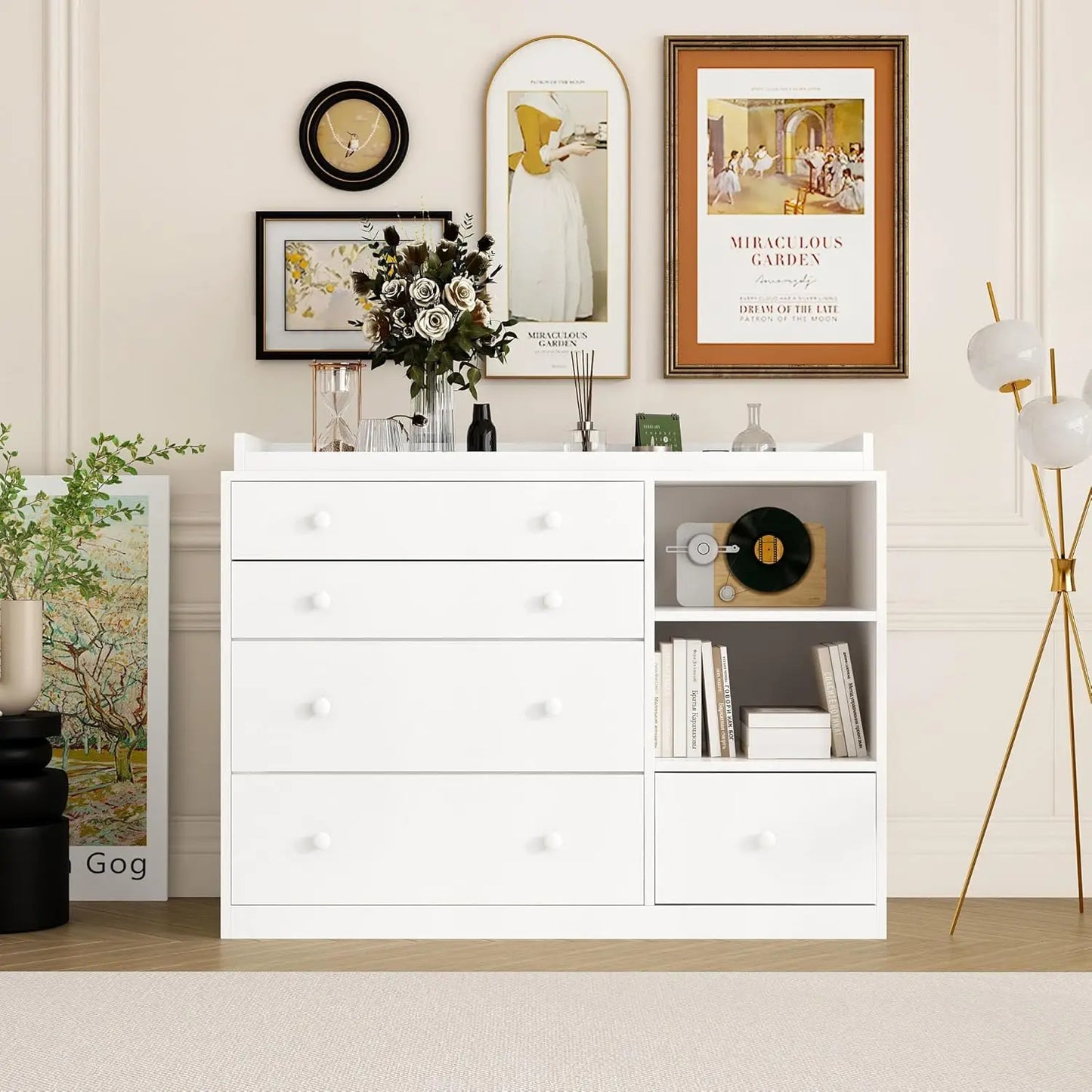Changing Table Dresser, Baby Classic Nursery Dresser with 5 Drawers and 2 Shelves, Multi-Functional Baby Changing Table