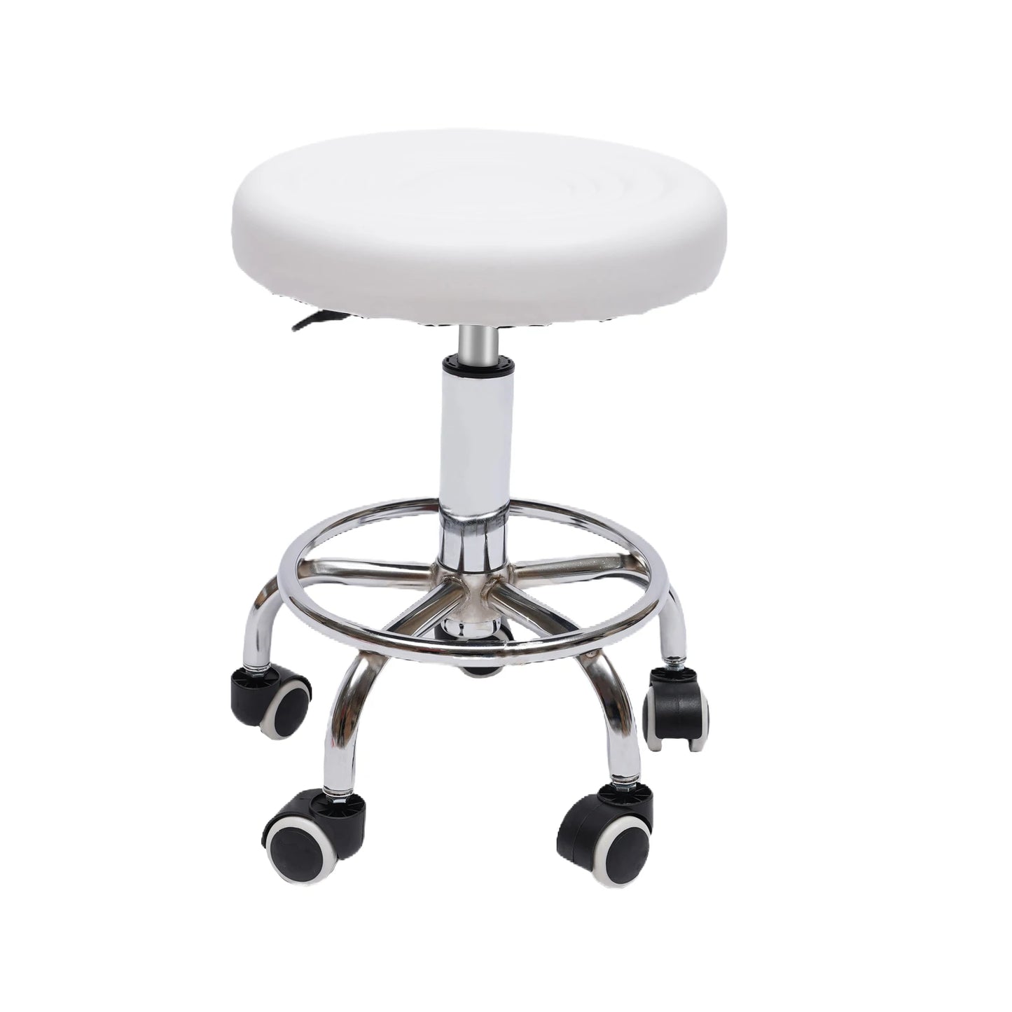 Round Rolling Stool Height Adjustable with Wheels and Foot Rest for Spa Salon Massage White/Black Chair