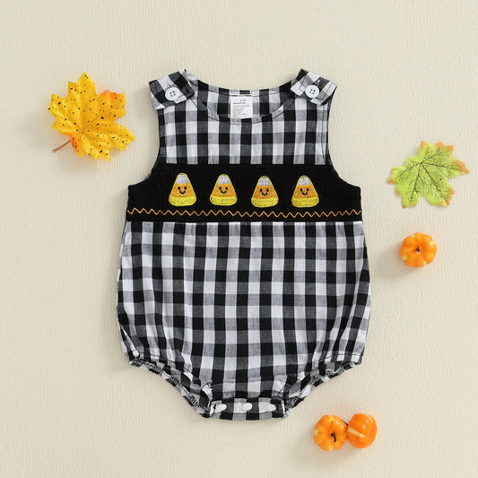 Infant Boy Jumpsuit Sleeveless Crew Neck Ice Cream Cone Embroidery Checkered Print  Toddler Autumn Outfit
