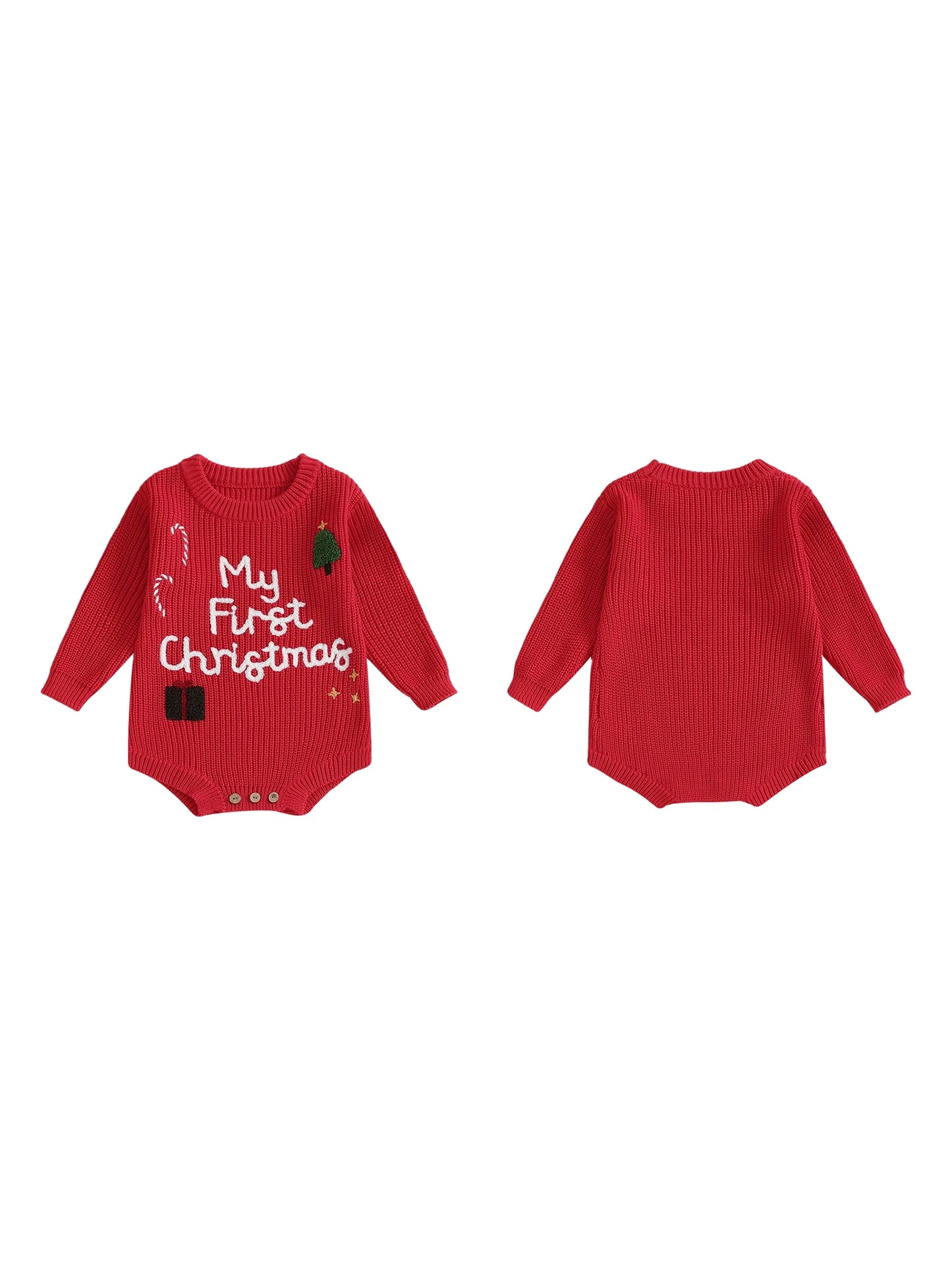 Infant Christmas Romper  with Long Sleeves and Embroidered Candy Cane Design Festive Holiday Jumpsuit for Baby Girl