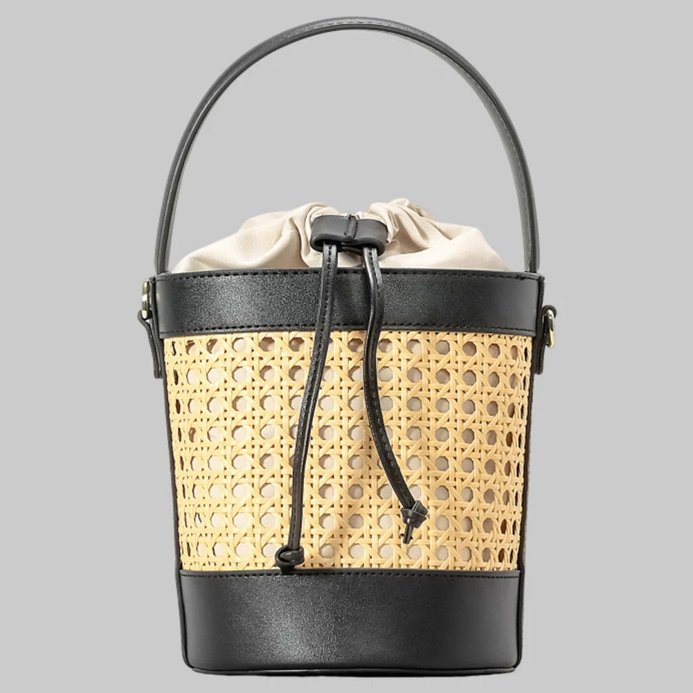 Rattan Bag PU Leather Bucket Bag Summer Hollow Shoulder Bag Holiday Travel Handbag for Women