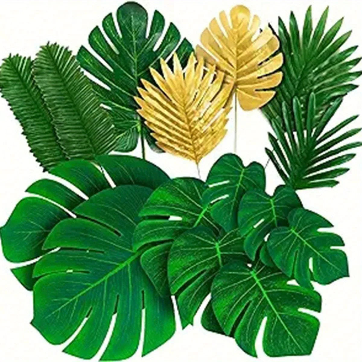 Artificial Palm Leaves 21-30 Pack, 5-8 Kinds Large Small Green Fake Palm Leaf with Stems for Safari Jungle Hawaiian Luau