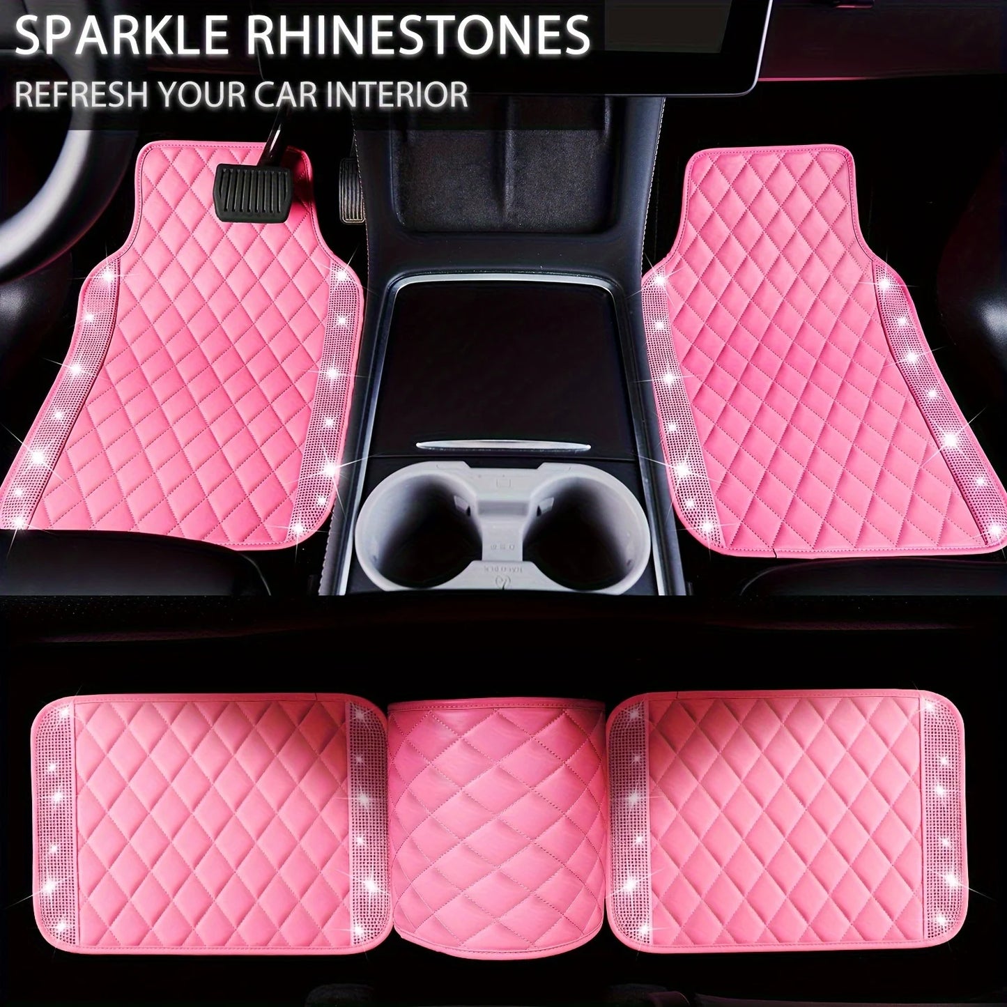Bling PU Leather Car Mats Shining Diamond Floor Mats Crystal Rhinestone SparklyGlitter Carpet Anti-Slip Waterproof Pad Universal