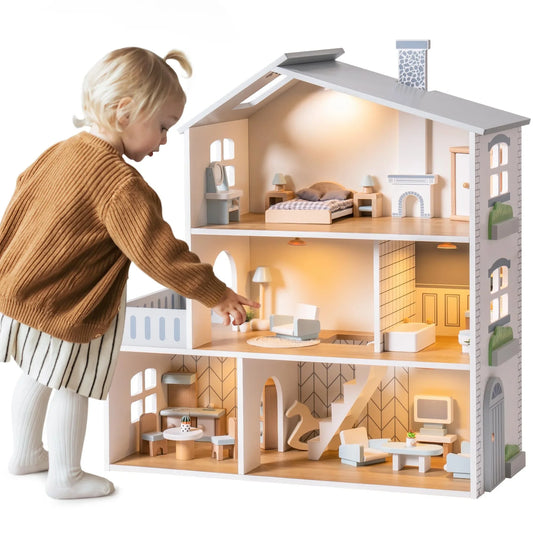 Robotime Robud Wooden Dollhouse 6 Rooms 29 Realistic Accessories 4-6" Dolls Nordic Style Kids Toddlers Gift Ages 3+