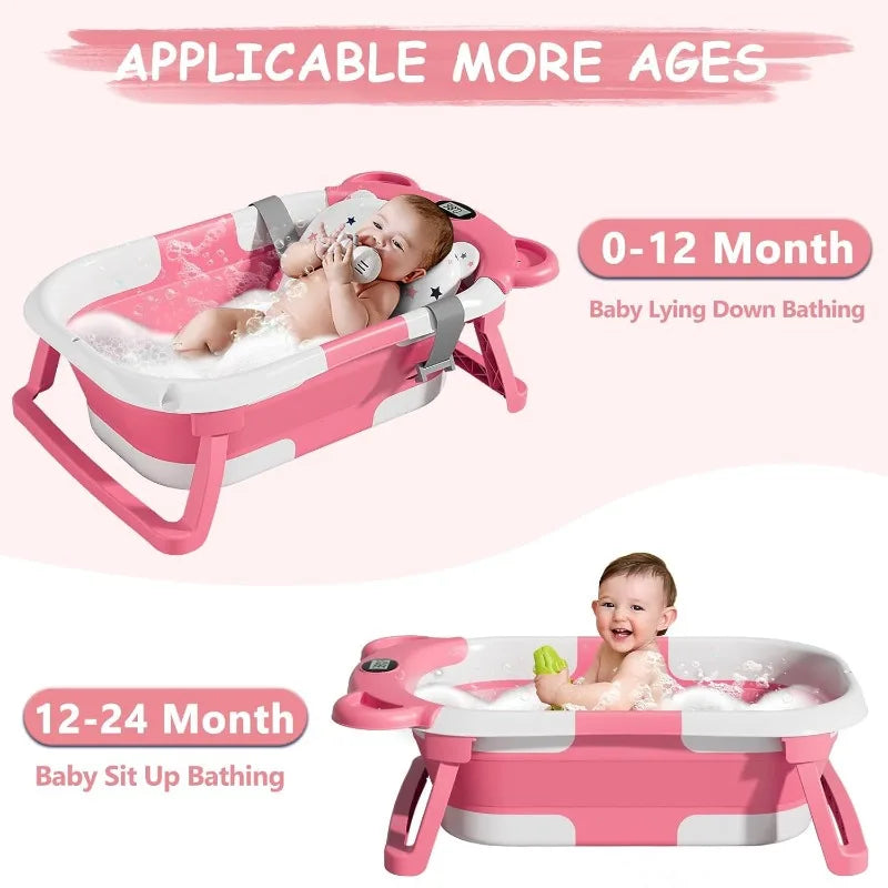 Collapsible Baby Bathtub for Newborn with Thermometer & 1 Hooded Towel & 1 Soft Floating Cushion,Portable Travel Bathtu