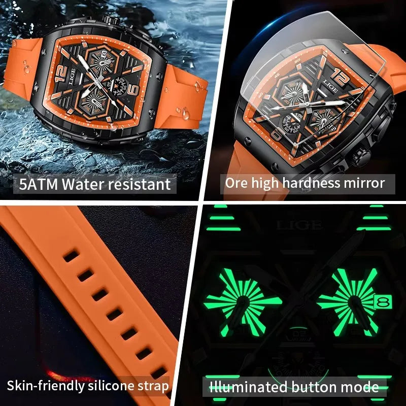 Reloj Hombre LIGE Men Watch Luxury Waterproof Quartz Wristwatch Raise Wrist Luminous Date Sports Silicone Clock Man Watches+Box