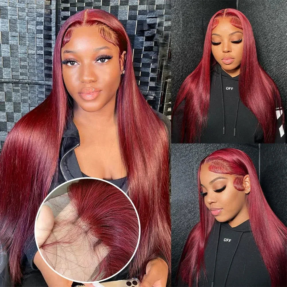 99J Burgundy 13x4 13x6 Full Frontal Lace Brazilian Preplucked Colored Straight Frontal Wigs HD Transparent Lace Human Hair Wigs
