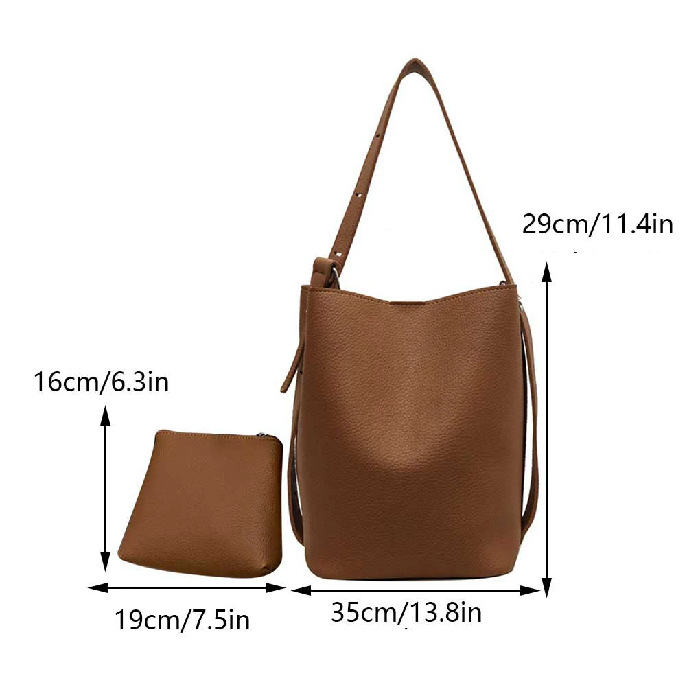 Women Fashion Shoulder Bag Large Capacity Bucket Grocery Bag Adjustable Strap Solid Color Simple Bag with Matching Clutch Set