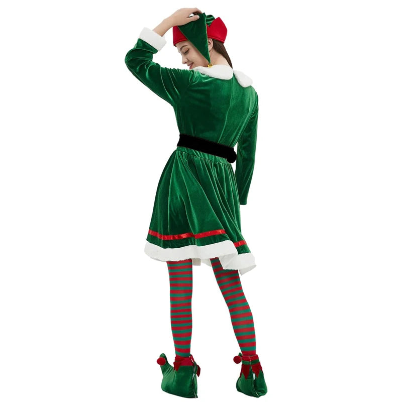 Women s Christmas Elf Costume Set with Dress Belt Hat Shoe Covers and Socks - Perfect for Cosplay and Role-Playing Parties