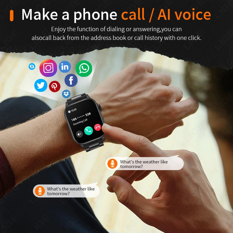 LIGE New Smart Watch LED Flashlight Military Sport Watches 2.01'' Screen Health Monitor Bluetooth Call Waterproof Smartwatch Men