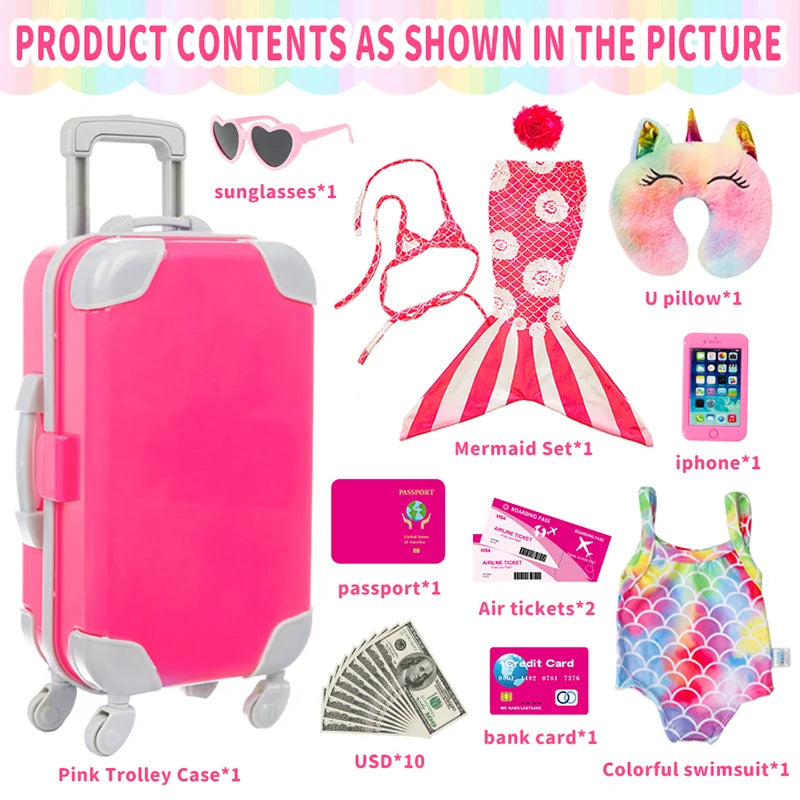 Mermaid Costume Set 18Inch/40cm Sunglasses Swimsuit Luggage American Doll Clothes Skirt Baby Doll Reborn Doll Toys Girl Gift