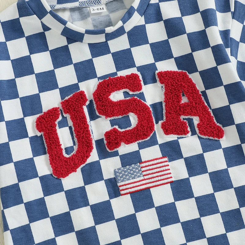 Infant Independence Day  Oversized Design with USA Flag Detail and Checkered Pattern Short Sleeves Baby Outfit