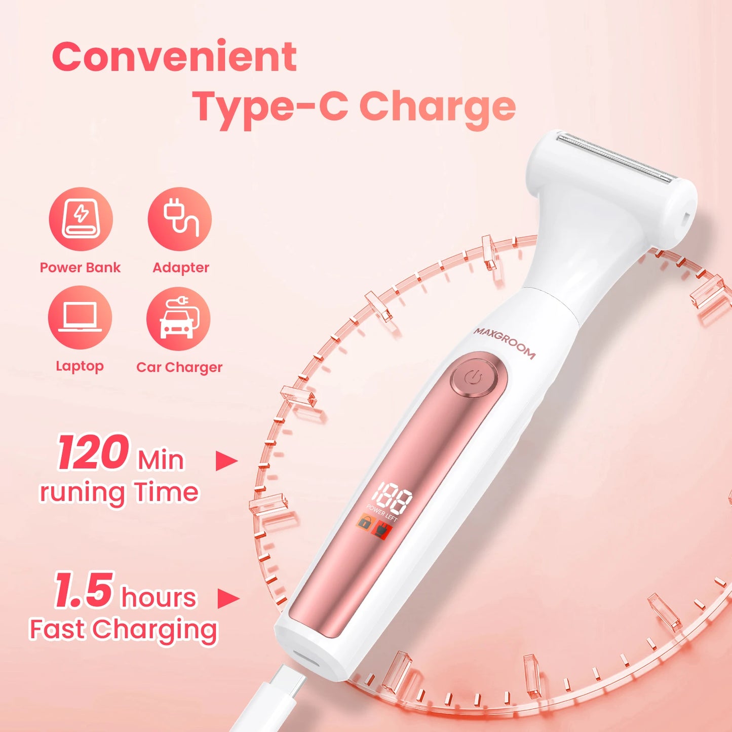 MAXGROOM 4 in 1 Body Hair Trimmer Kit for Women Electric Nose Ear Trimmer Rechargeable Razors for Groin IPX6 Waterproof Epilator