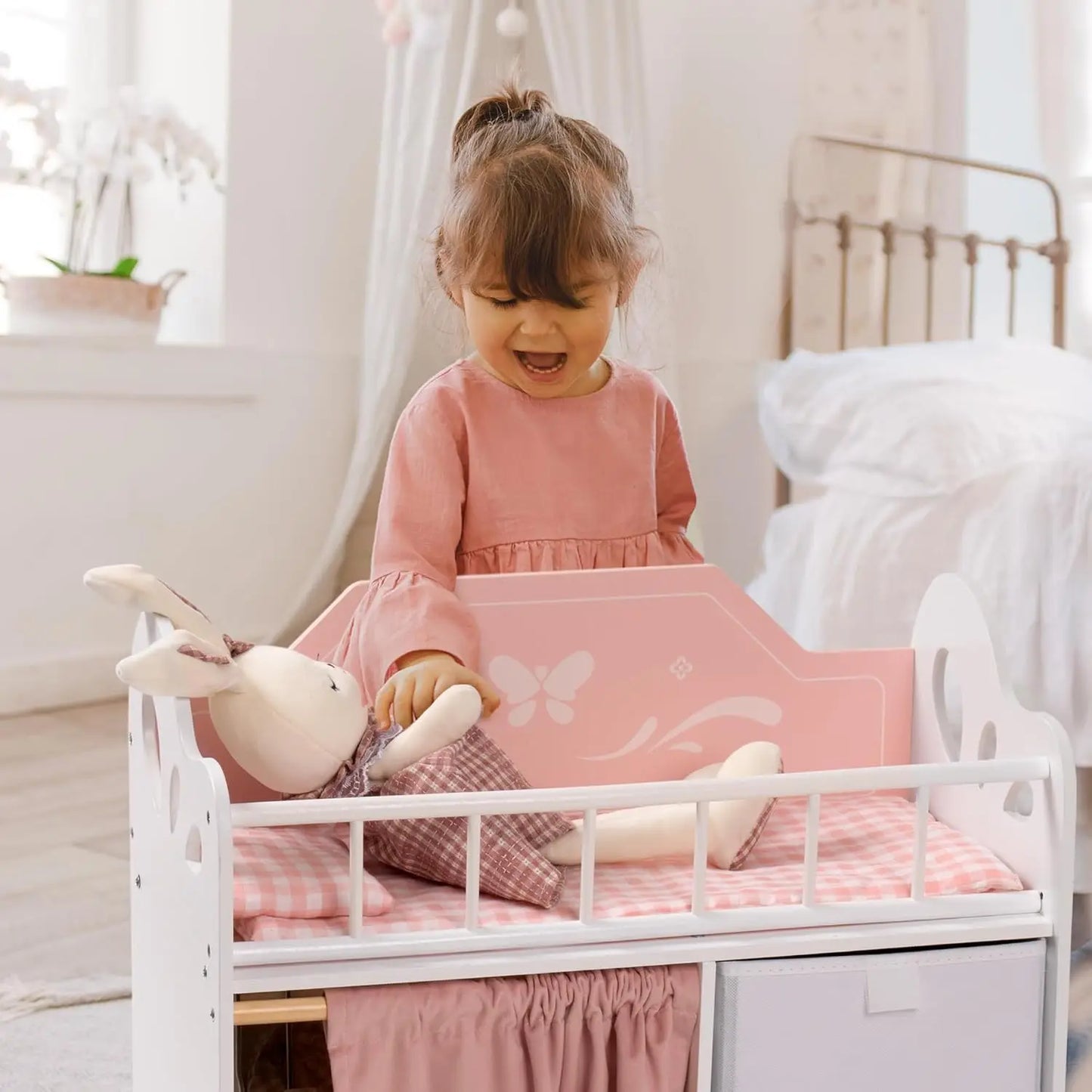 Robotime Baby Doll Crib Wooden Doll Bed with Storage Bedding and Wooden Hooks Pink Doll Furniture for Girls Ages 3+