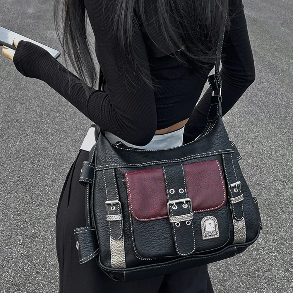 Girls Large Capacity Crossbody Bag Adjustable Strap Retro Sling Bag Multi-Pocket Contrast Color for Traveling Shopping Commuting