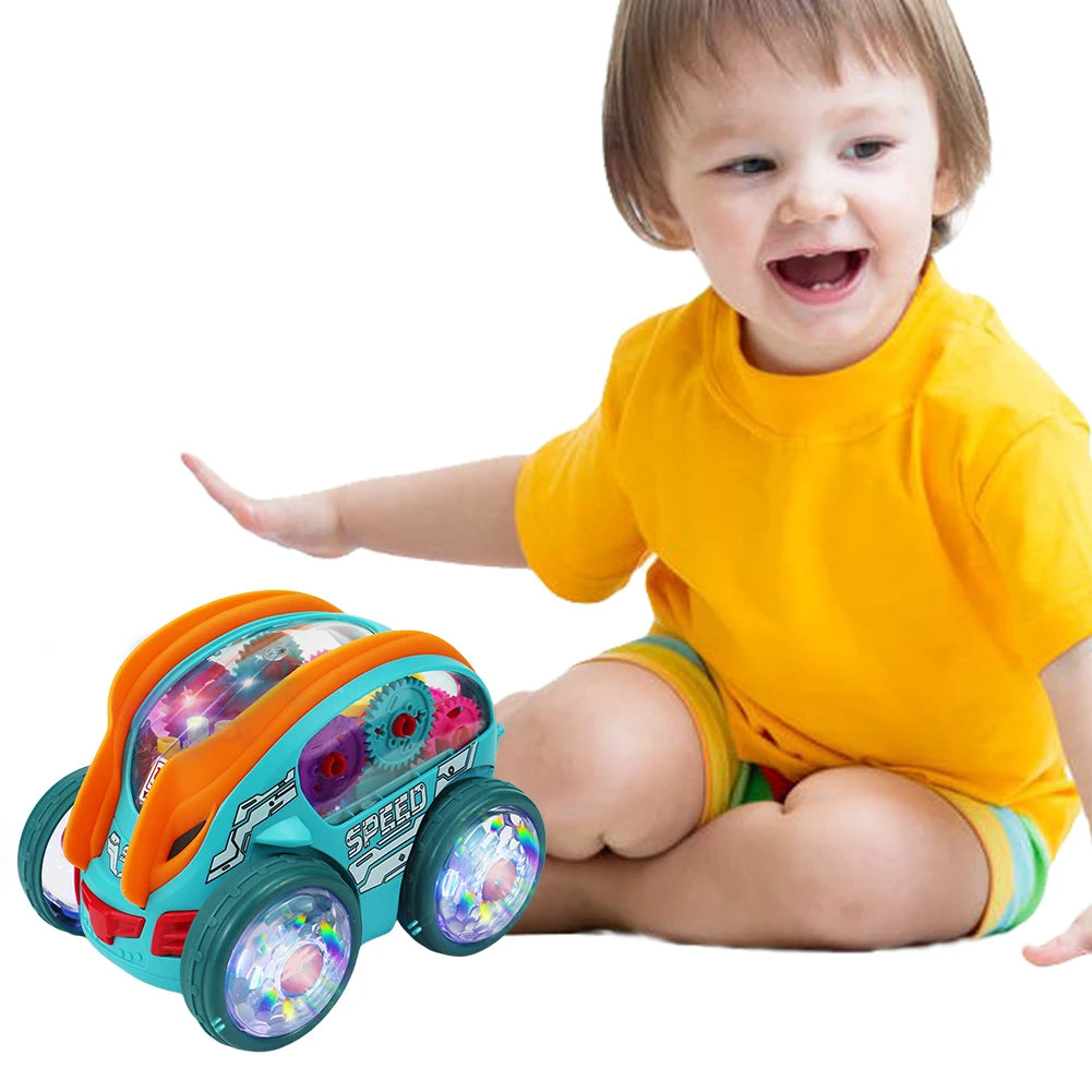 Light Up Transparent Gear Car Toy Bump and Go Toy Car with Colorful Moving Gears Toddler Trucks Stunts Somersaults Car for Kids