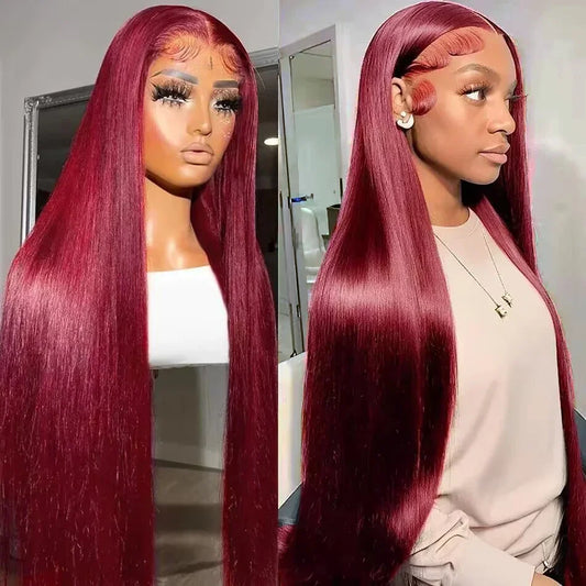99J Burgundy 13x4 13x6 Full Frontal Lace Brazilian Preplucked Colored Straight Frontal Wigs HD Transparent Lace Human Hair Wigs