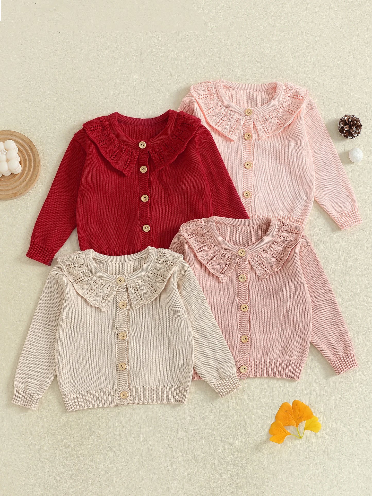 Infant Girls Knitted Sweater with Ruffled Crew Neck Long Sleeves and Button Closure - Solid Color Cardigan