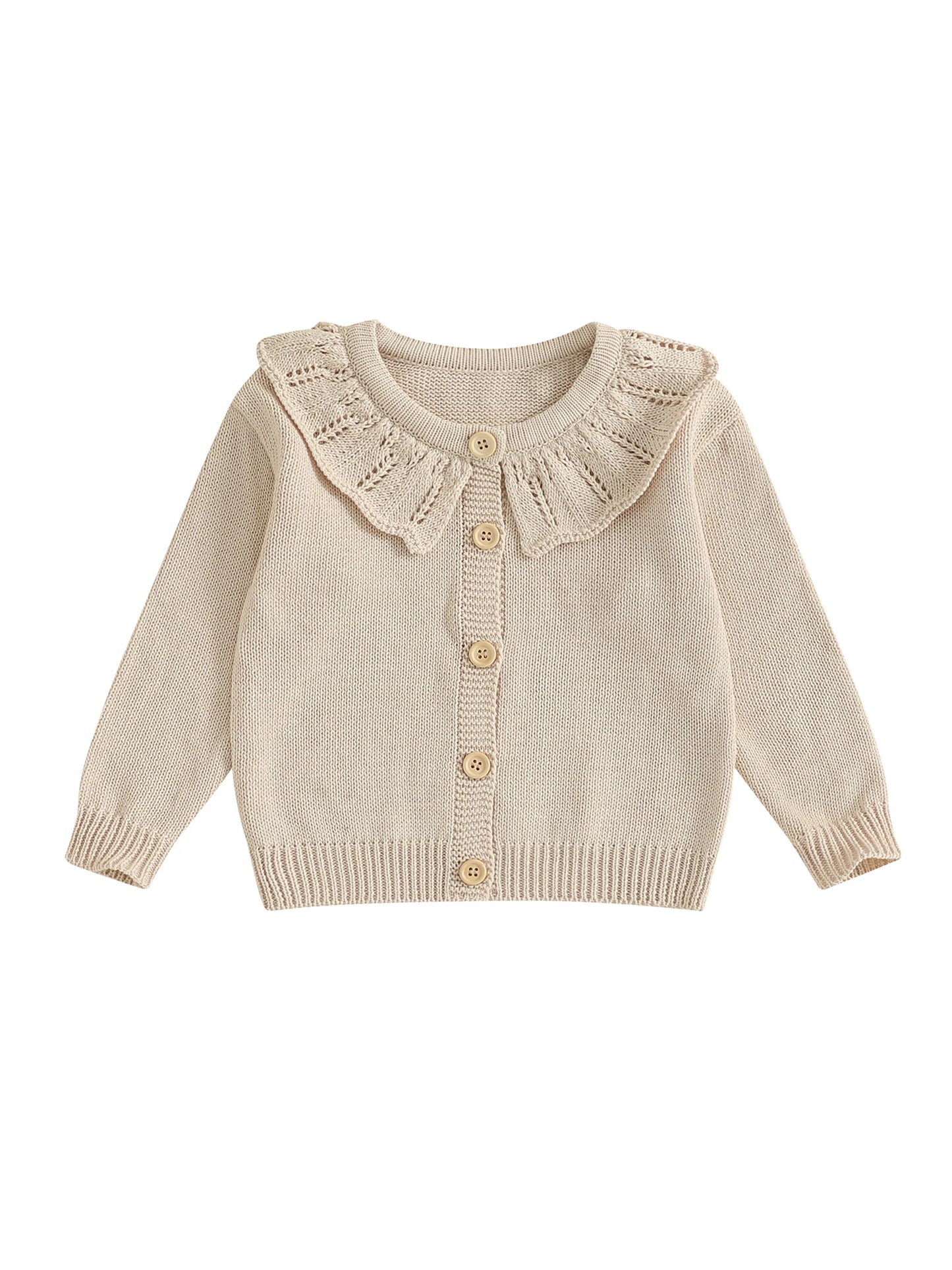 Infant Girls Knitted Sweater with Ruffled Crew Neck Long Sleeves and Button Closure - Solid Color Cardigan