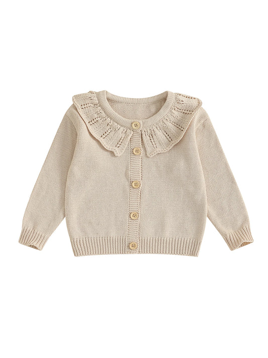 Infant Girls Knitted Sweater with Ruffled Crew Neck Long Sleeves and Button Closure - Solid Color Cardigan
