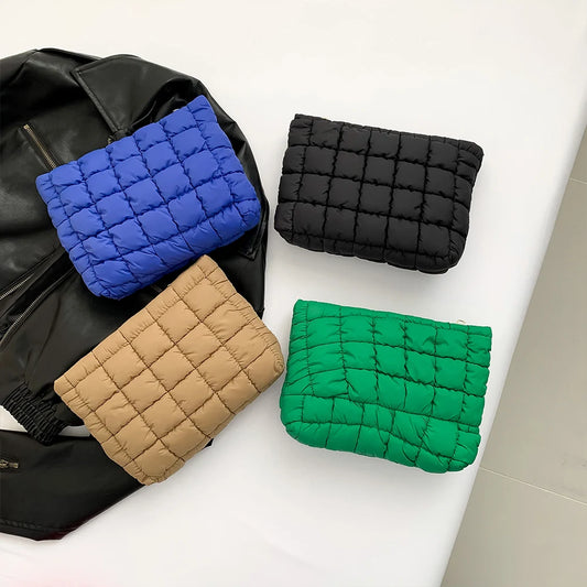 Quilted Cosmetic Bag Puffy Travel Makeup Pouch with Zipper Makeup Organizer Storage Bag Solid Color for Women and Girls