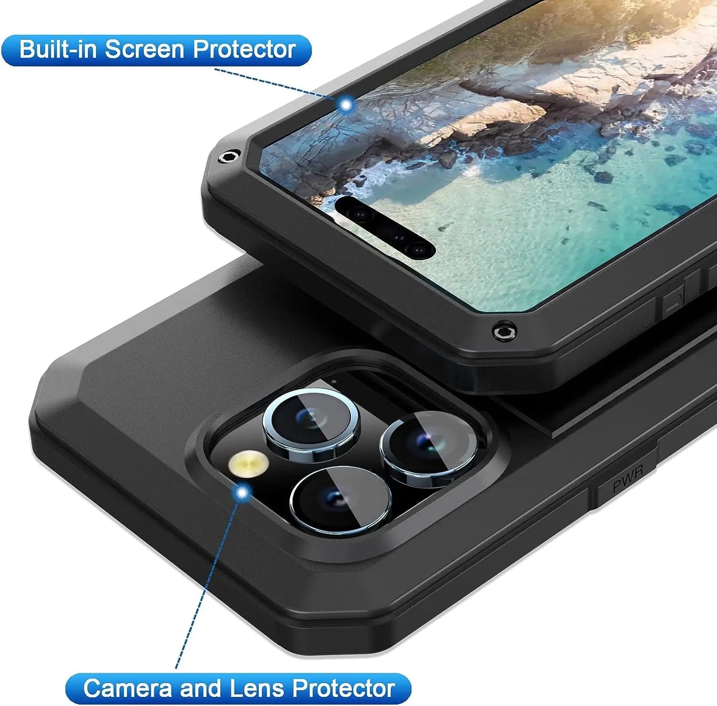 For iPhone 15 14 13 12 11 Pro Max XS XR 8 7 Plus Aluminum Metal Tank Case Heavy Duty Shockproof Rugged Armor Cover Screen Film