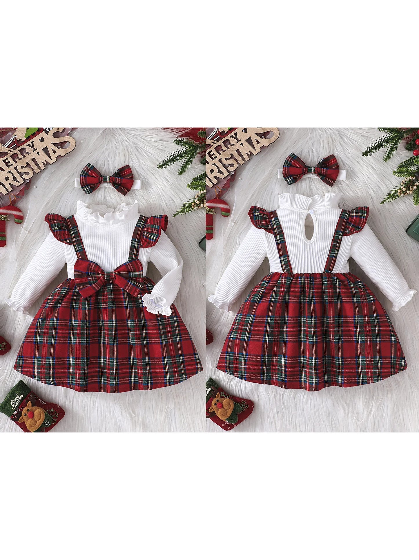 Toddler Christmas Outfit Red and Green Plaid Dress with Matching Headband Festive Holiday Costume for Baby Girl