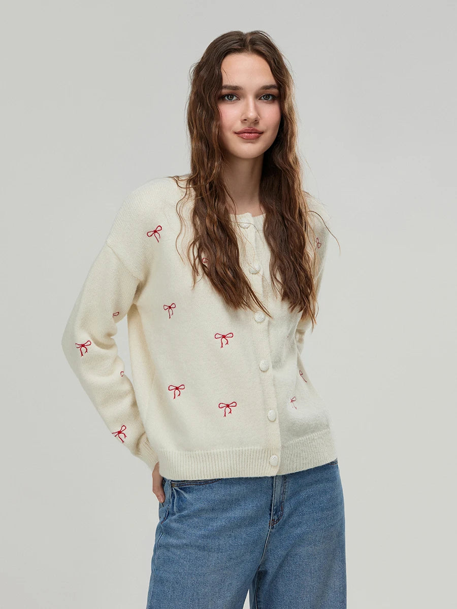 Women s Floral Embroidered Cardigan with Crew Neck and Button Down Closure Long Sleeve Knit Sweater for Casual Street Style