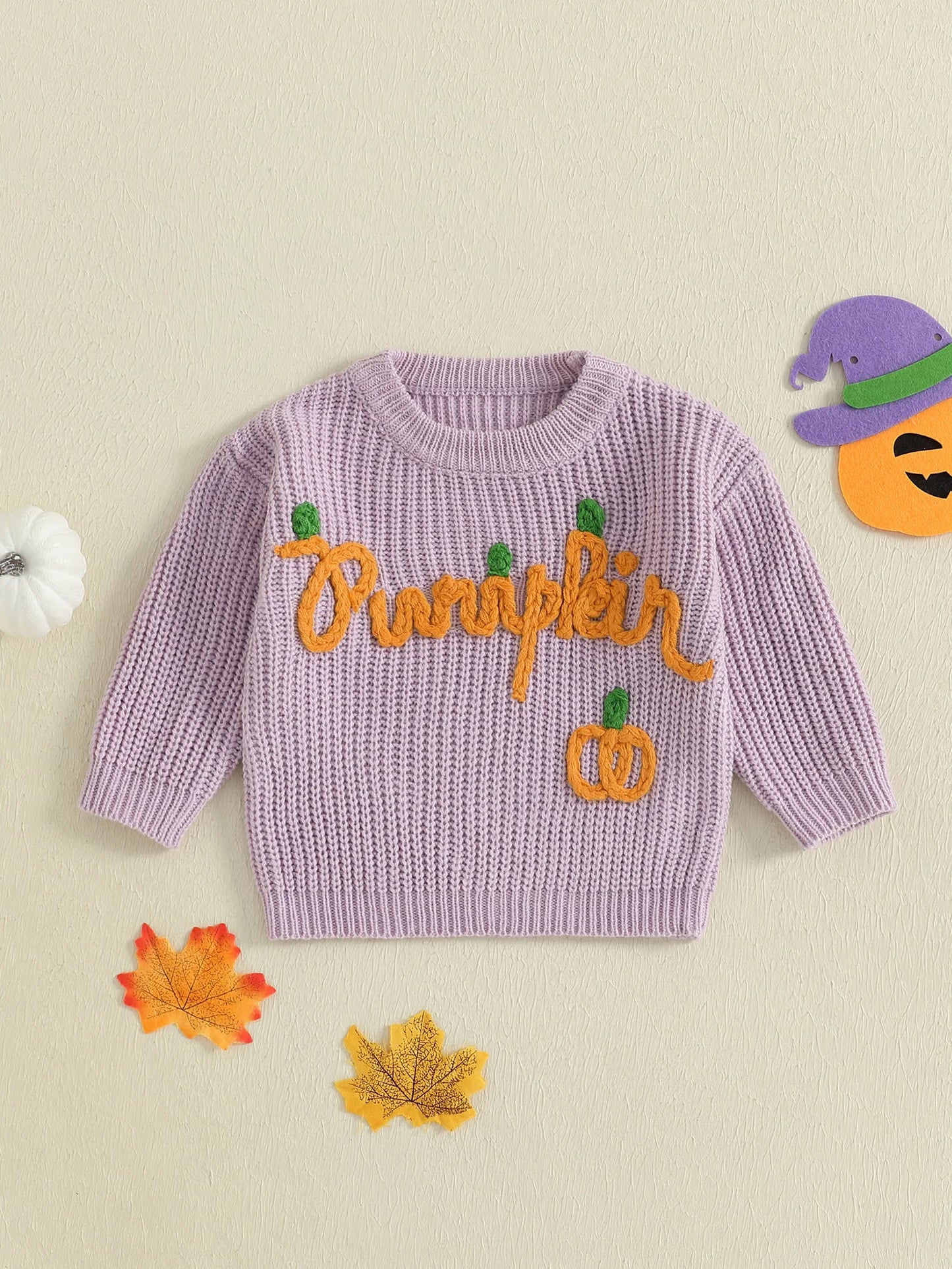 Toddler Halloween Sweater with Ghost Embroidery and Ribbed Crew Neck - Cozy Knit Pullover for Little Ones