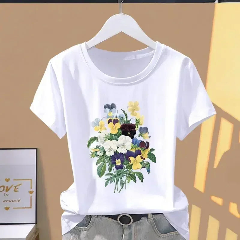 90s Women Print Floral Sports Fashion Casual Explosive Short Sleeve T-shirt Graphic Tshirts  Women Clothes  T Shirt