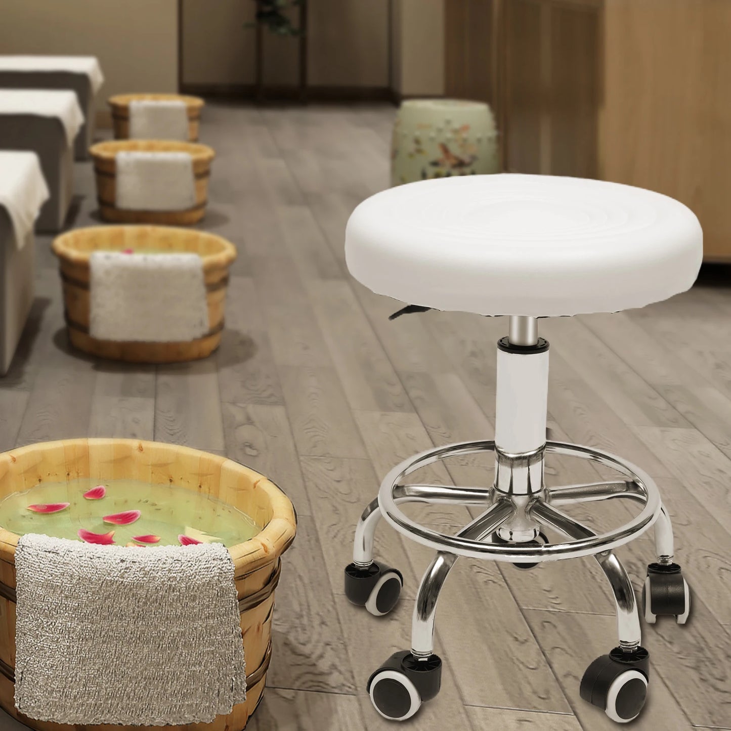 Round Rolling Stool Height Adjustable with Wheels and Foot Rest for Spa Salon Massage White/Black Chair