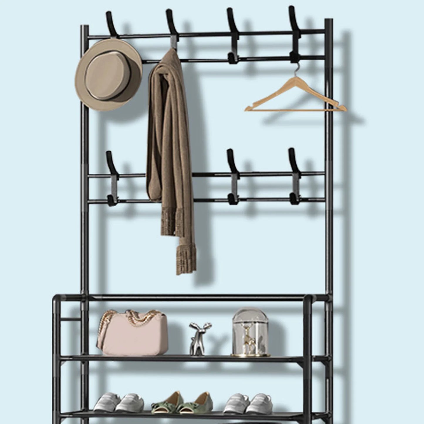 Coat Rack Stand Space Saving Freestanding Entryway Clothes Hanging Organizer Metal 2 In 1 Multifunction with Hooks for Office