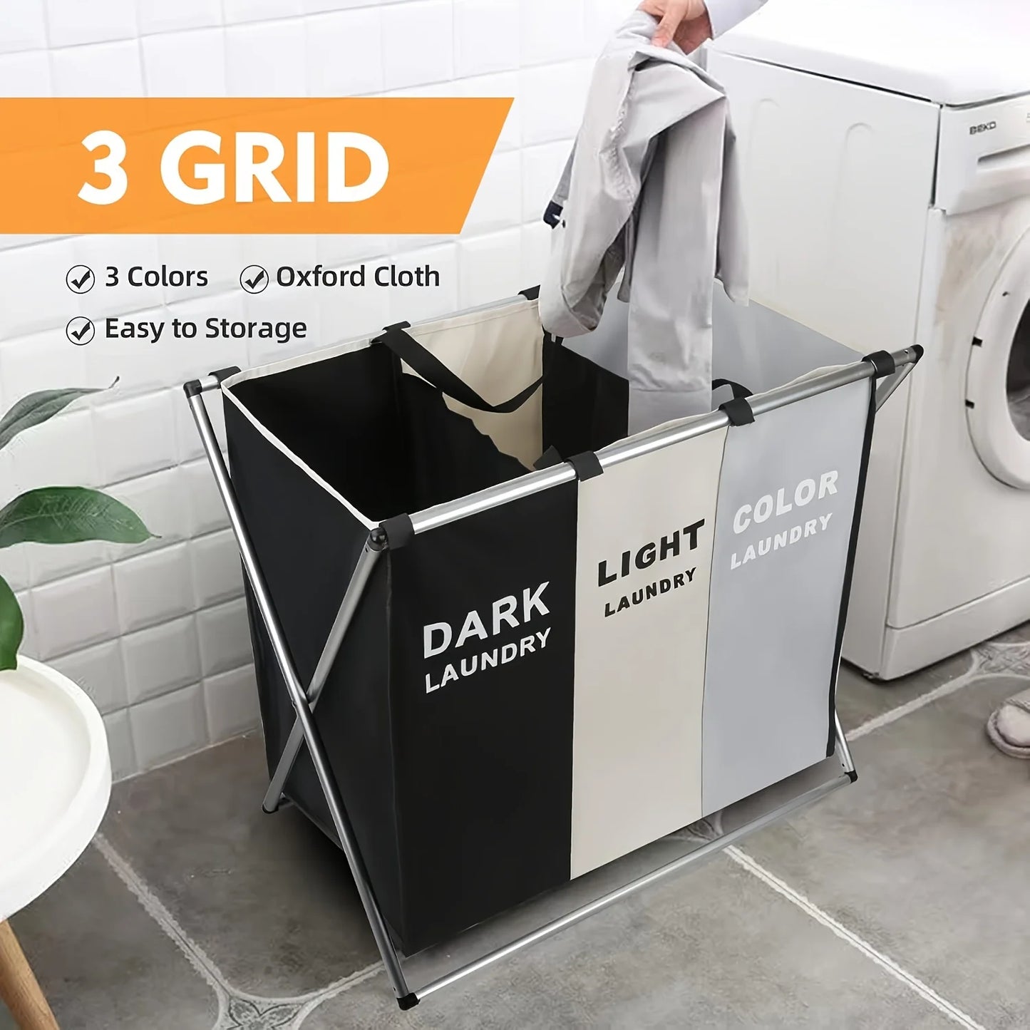 1 large three-layer laundry basket, Dirty Laundry Basket Organizer 47.55 gallon foldable basket/sorter with waterproof Oxford ba