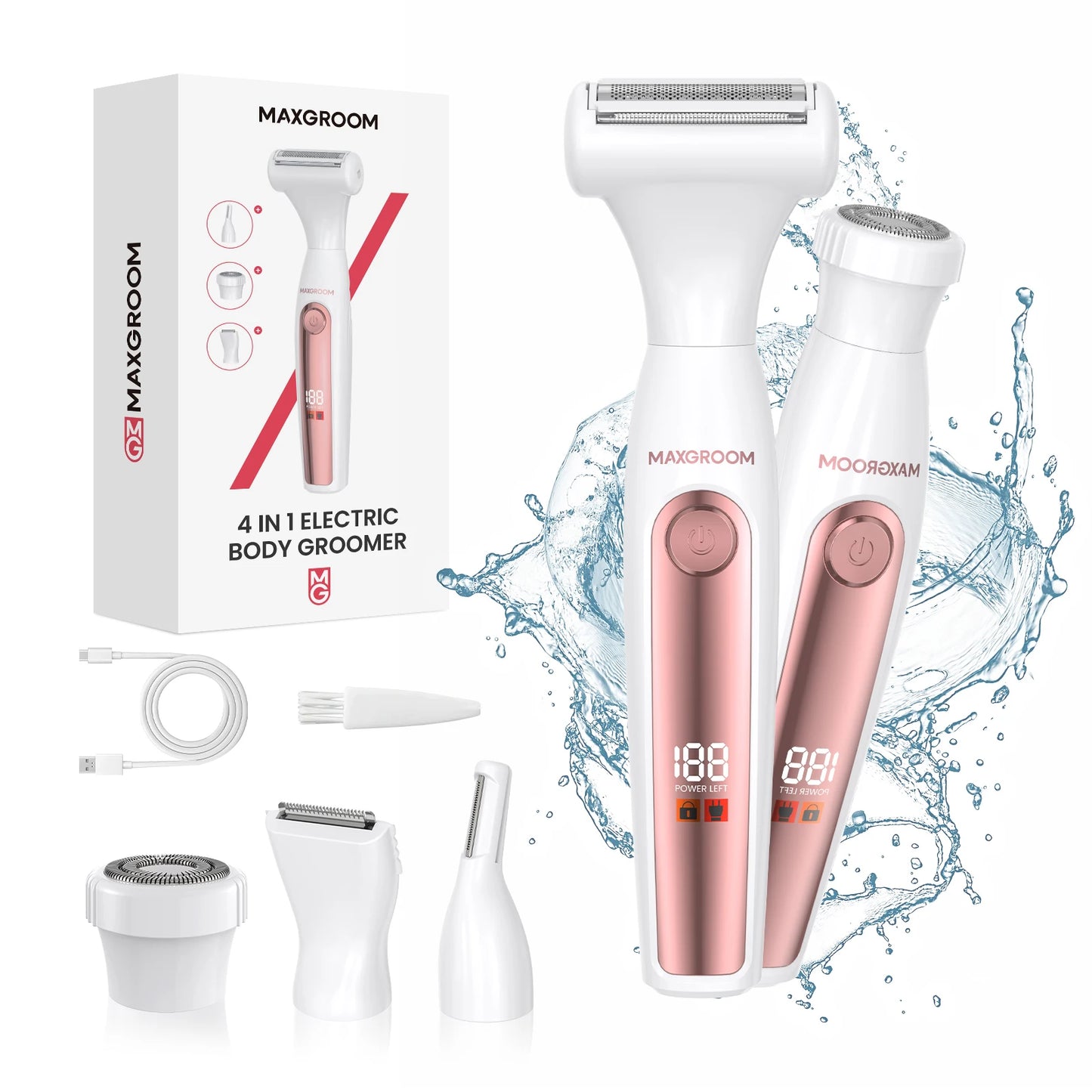 MAXGROOM 4 in 1 Body Hair Trimmer Kit for Women Electric Nose Ear Trimmer Rechargeable Razors for Groin IPX6 Waterproof Epilator
