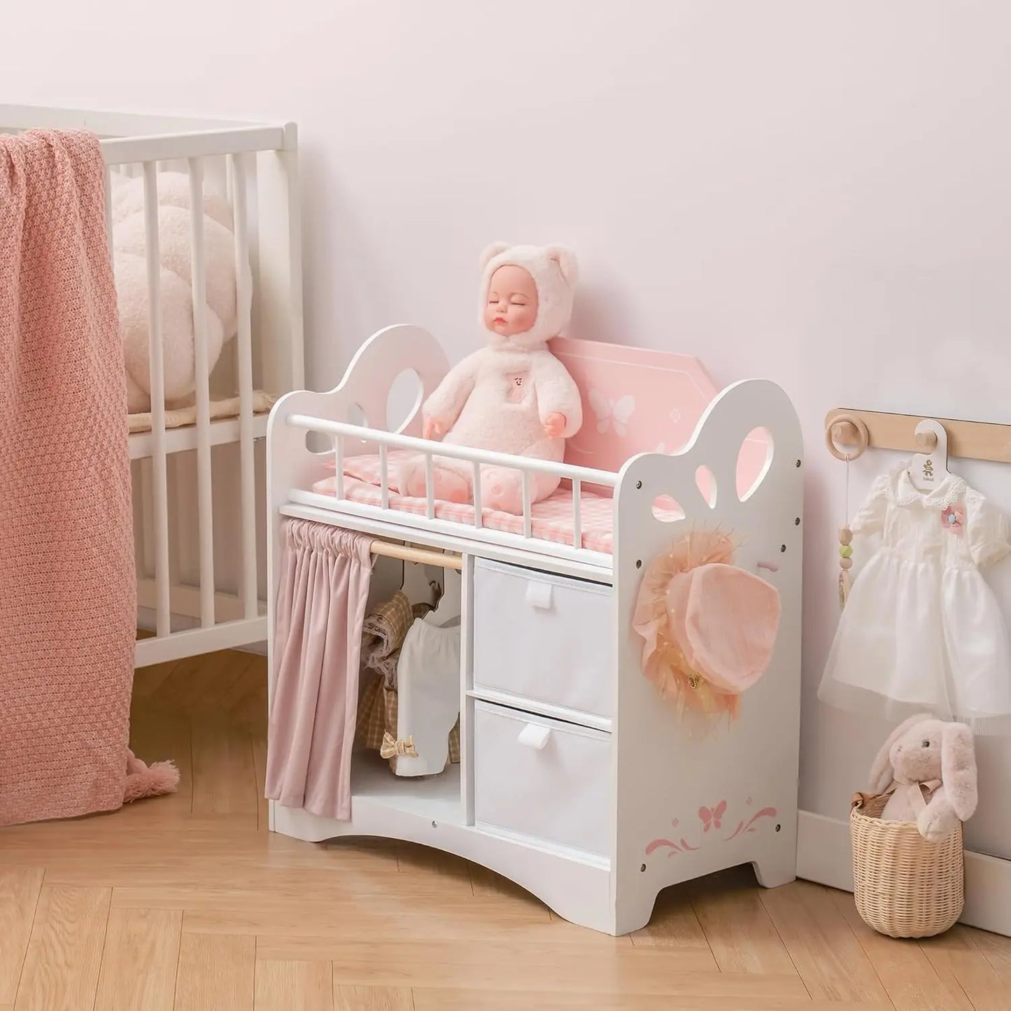 Robotime Baby Doll Crib Wooden Doll Bed with Storage Bedding and Wooden Hooks Pink Doll Furniture for Girls Ages 3+
