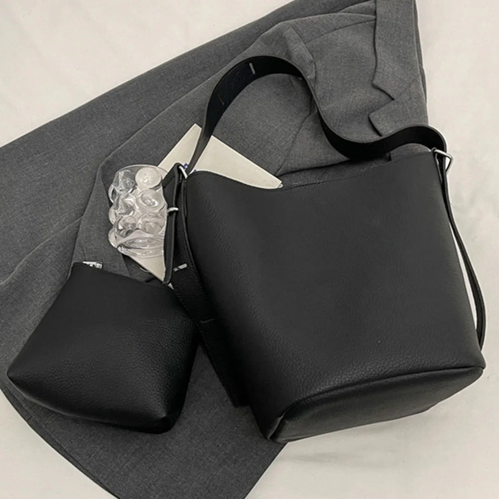 Women Fashion Shoulder Bag Large Capacity Bucket Grocery Bag Adjustable Strap Solid Color Simple Bag with Matching Clutch Set