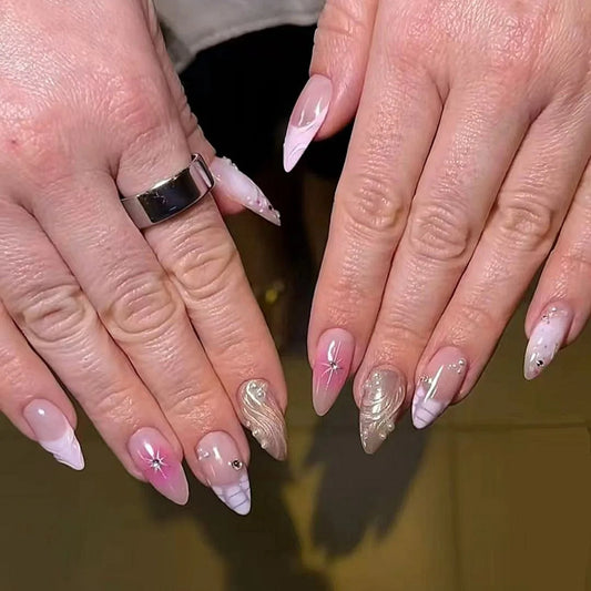 24Pcs False Nails Spicy Girl Silver Bow with Diamond Fake Nails with Glue Almond Press on Nails Black Cool Almond Nail Set