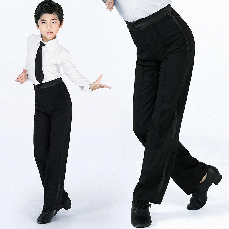 Black Modern Boys Men Latin Dance Pants Ballroom Performance Satin Trousers